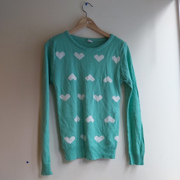 4/$25 Crissa blue teal heart print  sweater - Picture 1 of 12